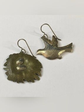 Vintage Zirkus Sterling and Brass Bird and Nest Dangle Earrings 925 Silver